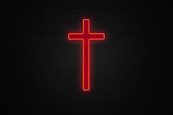 Röd Neon Ljus Formad Till Ett Kristet Kors Fäst Svart — Stockfoto