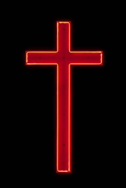 Red Neon Light Shaped Christian Cross Isolated Black Background — Stock Photo, Image