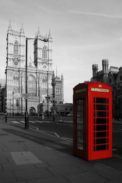 Photographie Noir Blanc Abbaye Westminster Cabine Téléphonique Rouge — Photo