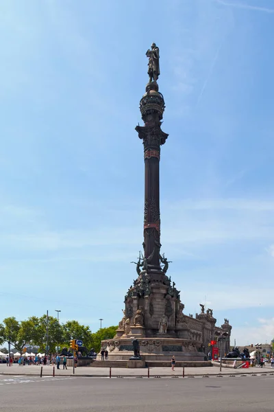 stock image Barcelona, Spain - June 08 2018: The Columbus Monument (Catalan: Monument a Colom) is a 60 m (197 ft) tall monument to Christopher Columbus at the lower end of La Rambla.