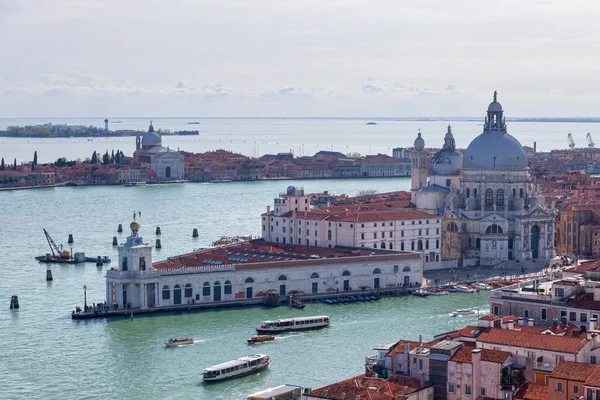 stock image Aerial view of Santa Maria della Salute and the Punta della Dogana, and behind them, the Santissimo Redentore.