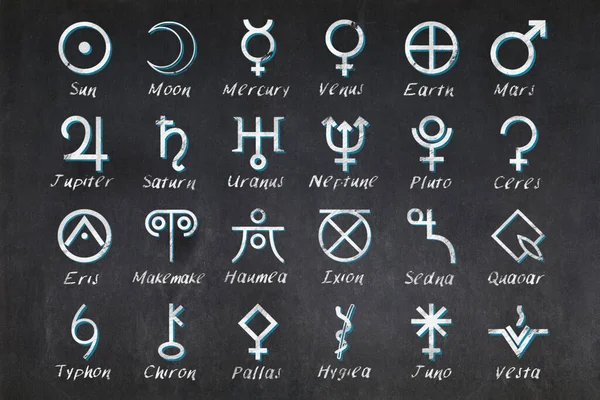 Μαύρη Σανίδα Αστρονομικά Ιερογλυφικά Αντικειμένων Που Χρησιμοποιούνται Στην Αστρολογία Και — Φωτογραφία Αρχείου