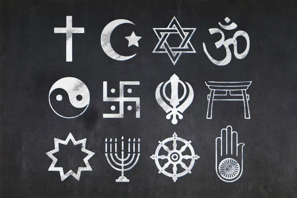 Blackboard with a the main religious symbols drawn in the middle.