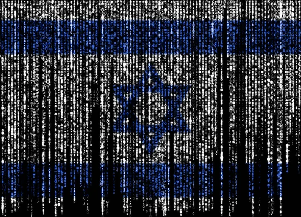 Flag of Israel on a computer binary codes falling from the top and fading away.