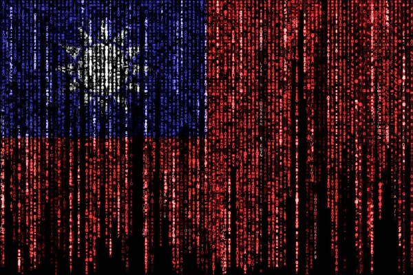 Flag of Taiwan on a computer binary codes falling from the top and fading away.