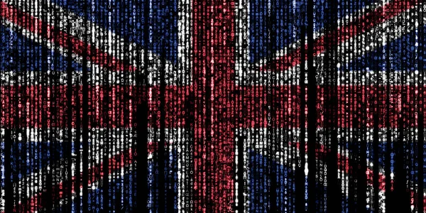 Flag of the United Kingdom on a computer binary codes falling from the top and fading away.