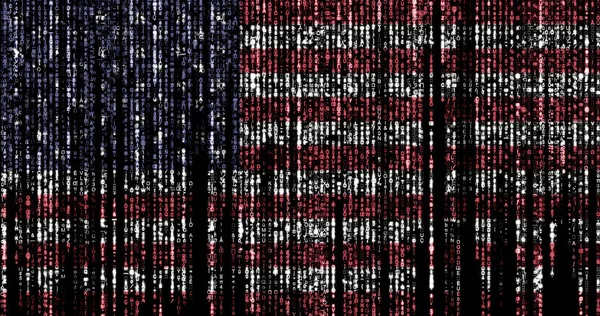 Flag of USA on a computer binary codes falling from the top and fading away.