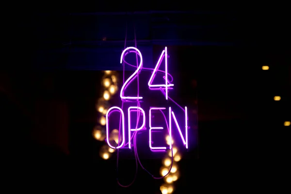 Purple Neon Light Restaurant Stating Open — Stock Photo, Image