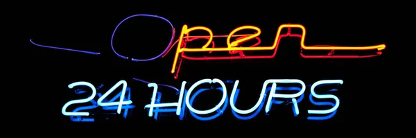 Close Neon Light Shaped Phrase Open Hours — Stock Photo, Image