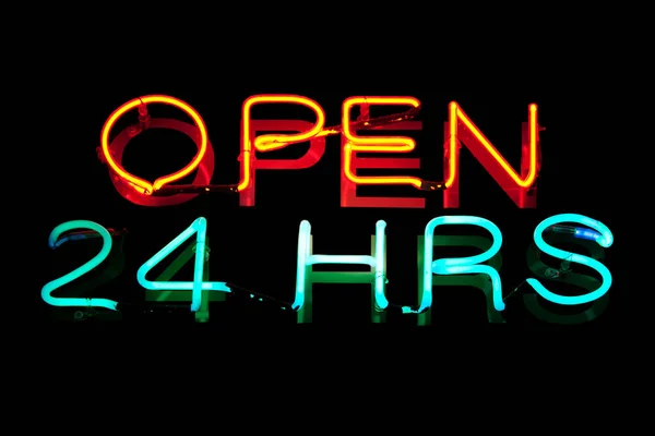 Close Neon Light Shaped Phrase Open Hours — Stock Photo, Image