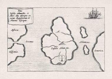 Atlantis 'in efsanevi kıtasının haritası 1678' de Athanasius Kircher tarafından çizildi..