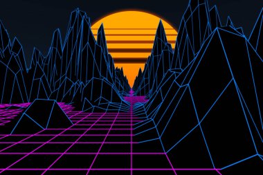 80 'lerden günbatımına kadar uzanan 3D dağ sıraları.