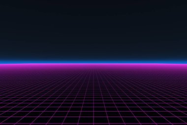 Atmosferik ışıltı ve yıldızlarla 80 'lerden kalma mor 3D ızgara..