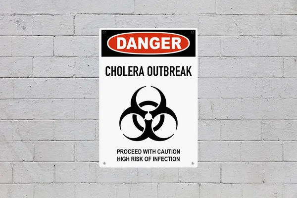 警示牌钉在煤渣墙上 警告人们注意健康危害 在小组的中间 有一个生物危害标志 其信息是 霍乱爆发 小心行事 感染的风险很高 — 图库照片