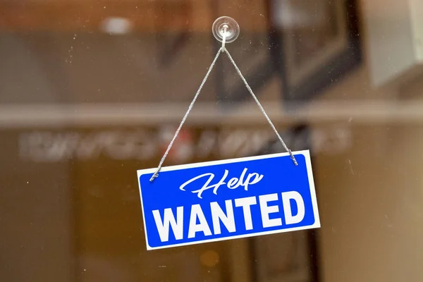 Blue Sign Hanging Glass Door Shop Saying Help Wanted — Stock Photo, Image