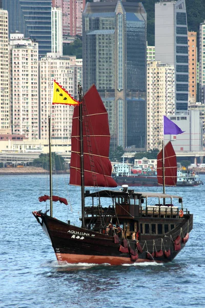 Junk Boat Naviguant Entre Port Victoria Île Hong Kong — Photo