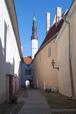 Tallinn, Estonya 'daki Kutsal Ruh Kilisesi' ne doğru giden yaya sokağı.