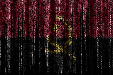 Angola bayrağı bilgisayar ikili kodlarında tepeden düşüyor ve kayboluyor..