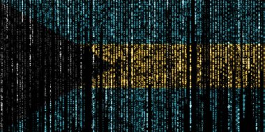 Bahamaların bayrağı bilgisayar ikili kodlarında tepeden düşüyor ve kayboluyor..