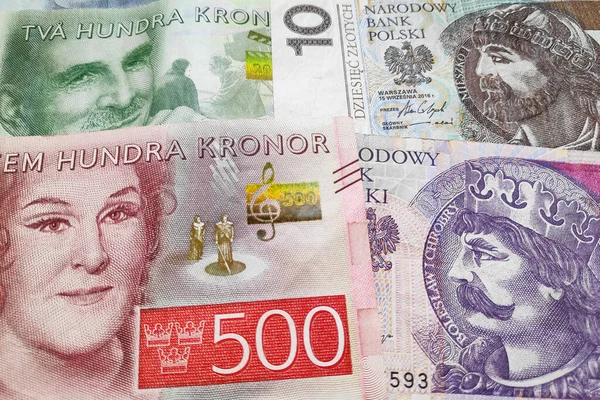 Close Stack Swedish Krona Polish Zloty — Stock Photo, Image