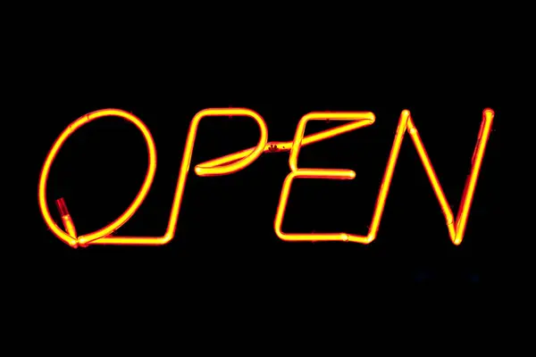 Orange Neon Sign Window Irish Pub Saying Open — Stock Photo, Image