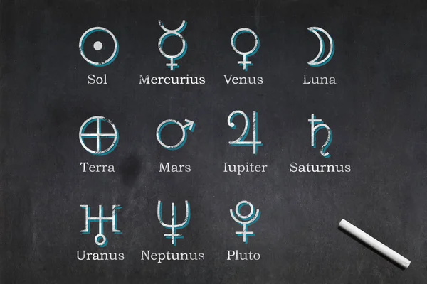 Blackboard Med Astrologi Planeten Glyfer Och Deras Namn Dras Mitten — Stockfoto