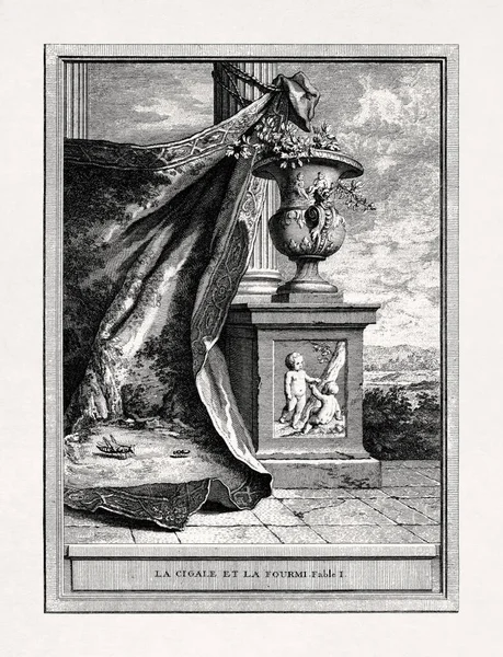1755年 ジャン バティスト オドリーがラ フォンテーヌの アント グラスホッパー を題材にしたイラスト — ストック写真