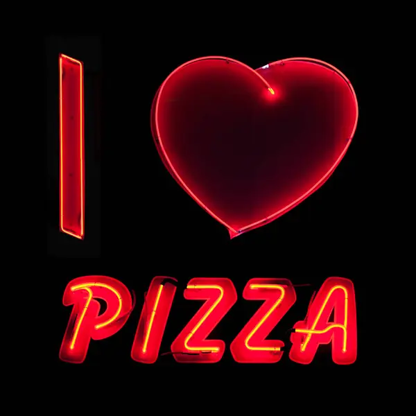 黒い背景に輝く赤いネオンライトのスクエア画像 この写真は3つの異なるネオンで構成されています 私はピザが大好き という意味の ハート ボウリング という言葉 — ストック写真
