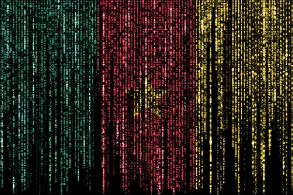 Flag of Cameroon on a computer binary codes falling from the top and fading away.