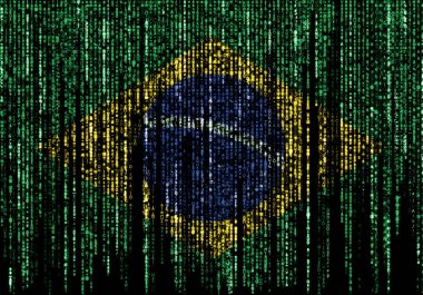 Brezilya bayrağı bilgisayar ikili kodlarıyla tepeden düşüyor ve kayboluyor.