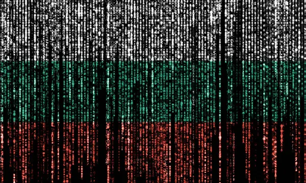 Flag of Bulgaria on a computer binary codes falling from the top and fading away.
