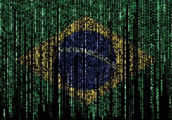 上から落ちて消えていくコンピュータのバイナリコード上のブラジルの国旗 — ストック写真
