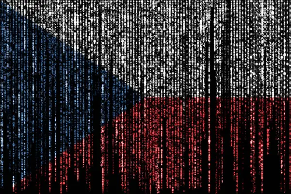 Flag of the Czech Republic on a computer binary codes falling from the top and fading away.