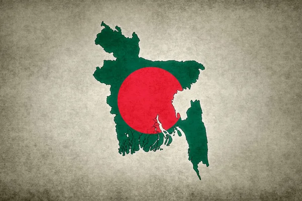 Grunge map of Bangladesh with its flag printed within its border on an old paper.