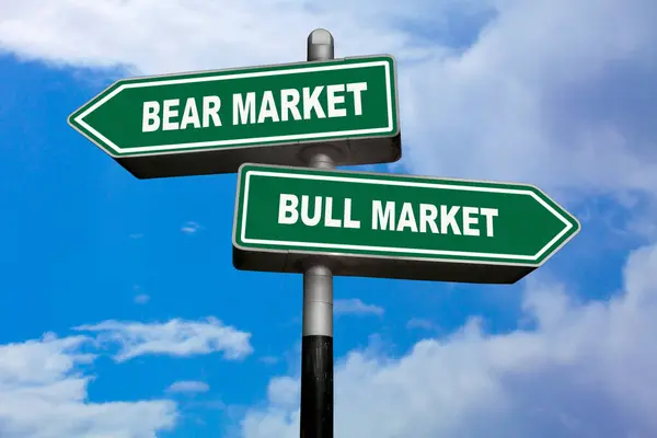 Two direction signs, one pointing left (Bear Market), and the other one, pointing right (Bull Market).