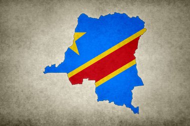 Grunge Demokratik Kongo Cumhuriyeti 'nin haritası. Sınırında bayrağı eski bir kağıda basılmış..