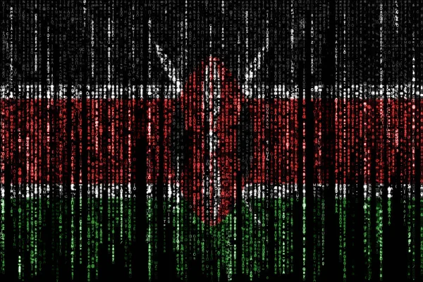 Flag of Kenya on a computer binary codes falling from the top and fading away.