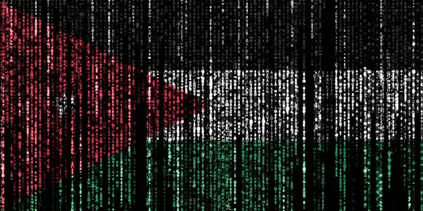 Flag of Jordan on a computer binary codes falling from the top and fading away.