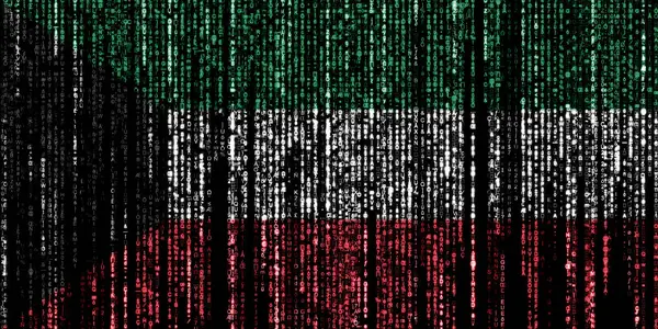 Flag of Kuwait on a computer binary codes falling from the top and fading away.