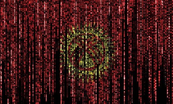 Flag of Kyrgyzstan on a computer binary codes falling from the top and fading away.