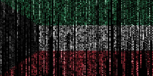 上から落ちて消えていくコンピュータのバイナリコード上のクウェートの旗 ストック写真