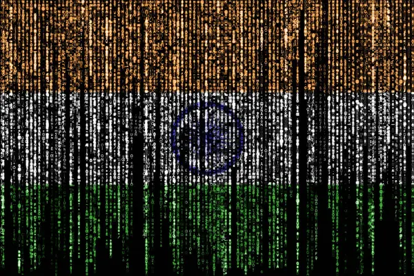 上から落ちて消えていくコンピュータのバイナリコード上のインドの旗 ロイヤリティフリーのストック写真