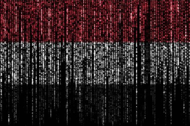 Yemen bayrağı bilgisayar ikili kodlarıyla tepeden düşüyor ve kayboluyor..