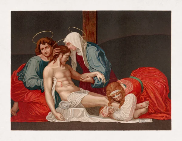 クロモリトグラフは イエスを支持するマリアと聖ヨハネを表す 死んだキリスト と題し 足を抱擁するメアリー マグダレーヌ イタリアのルネサンス画家フラ バルトルモオによる15世紀の絵画に基づく ストックフォト