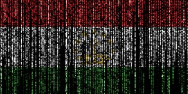 Tajikistan bayrağı bilgisayar ikili kodlarıyla tepeden düşüyor ve kayboluyor.