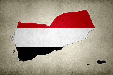 Grunge map of Yemen with its flag printed within its border on an old paper. clipart
