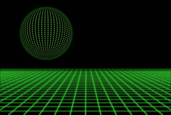 stock image 3d triangle grid from the 80s with a hovering sphere above mapped with Yen symbols.