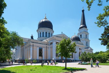 Odessa, Ukrayna - 01 Temmuz 2018: Odessa 'daki Şekil Değiştirme Katedrali Kurtarıcının Dönüşümü' ne adanmış ve Ukrayna Ortodoks Kilisesi 'ne (Moskova Patrikliği) ait bir Ortodoks Katedrali.).