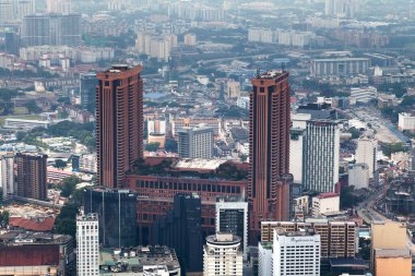Kuala Lumpur, Malezya - 12 Eylül 2018: Berjaya Times Meydanı 'nın havadan görünüşü, 48 katlı, 203 m (666 ft) ikiz kule, otel, apartman, kapalı lunapark ve Bukit Bintang' daki alışveriş merkezi kompleksi.