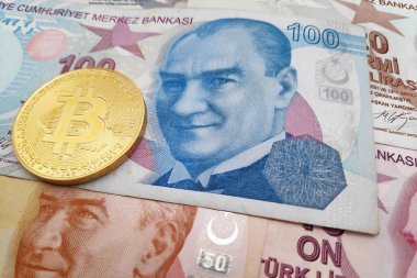 Close-up on a golden Bitcoin coin on top of a stack of Turkish lira banknotes. clipart